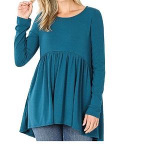 Plus Size Top Womens Long Sleeve Soft High Low Baby Doll Teal 1X 2X 3X